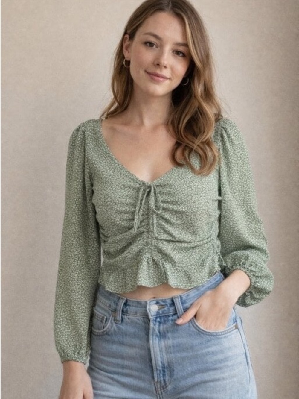 H&M Light Sage Green Ruched V-Neck Blouse